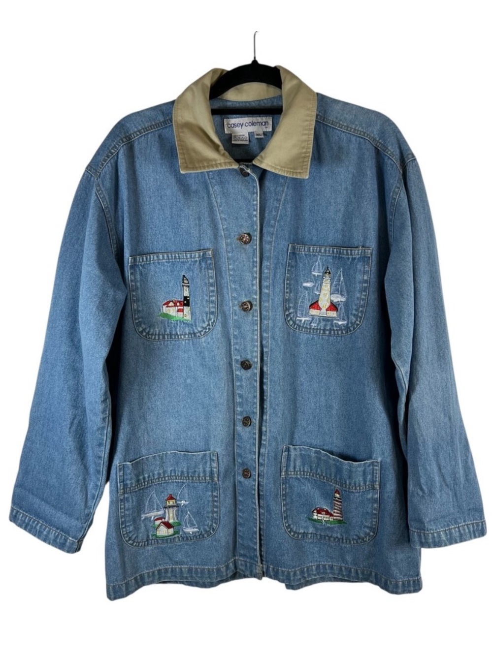Casey Coleman Blue Denim Jacket with Tan Collar - Embroidered Pockets